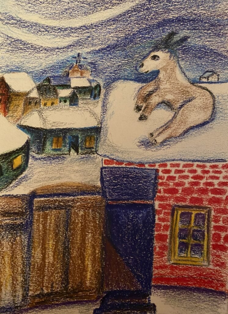 Art of a goat on a snow-covered roof.