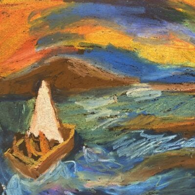 Oil pastel abstract artwork of a boat at sea.